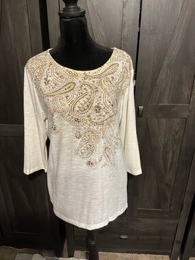 White Stag Cream Long Sleeve Top with Gold Paisley Embellishment